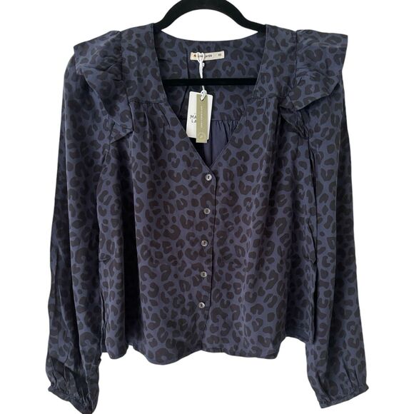 NWT Marine Layer Rory Blue Cheetah Print Ruffle Long Sleeve Blouse Size XS - Picture 3 of 8